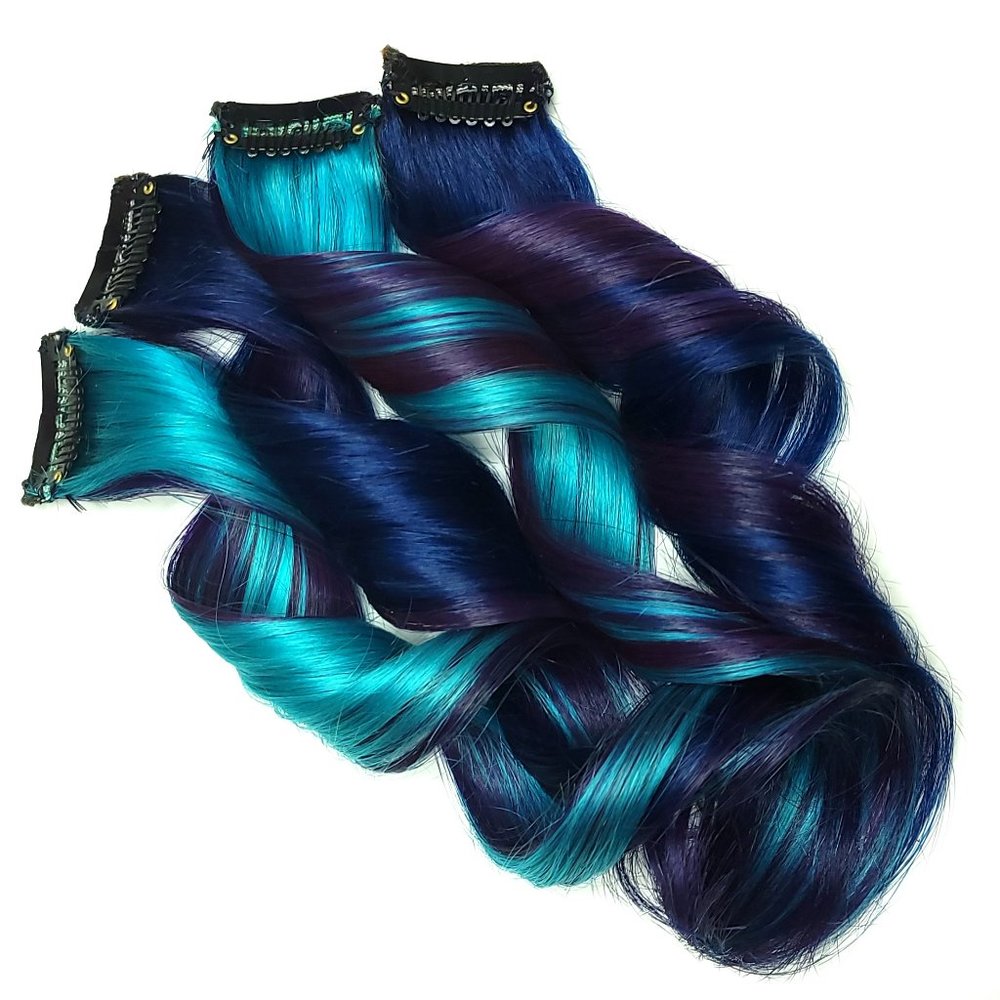 Blue Puple Jade Real Human Hair Extensions Clip in Mermaid Hairstyles